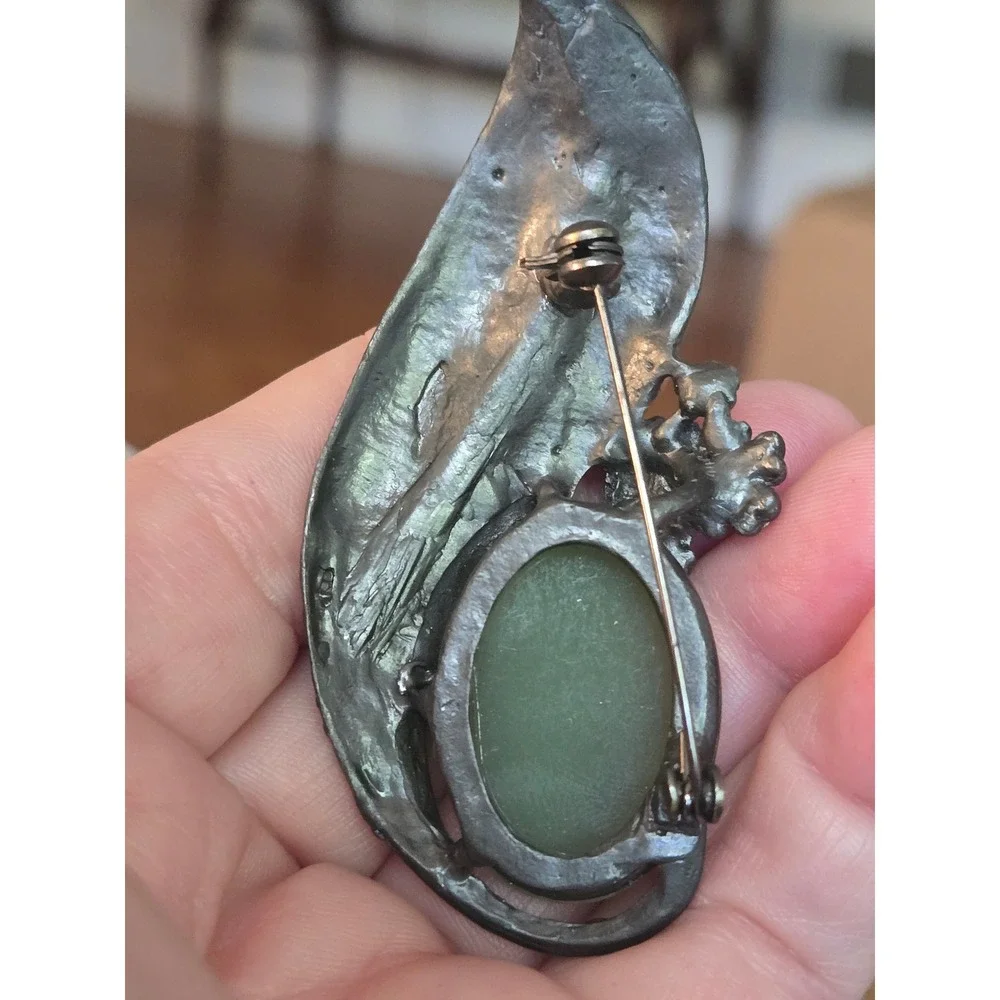 Mid-century Art Nouveau Gunmetal Leaf Jade Brooch Vintage Brutalist Rare